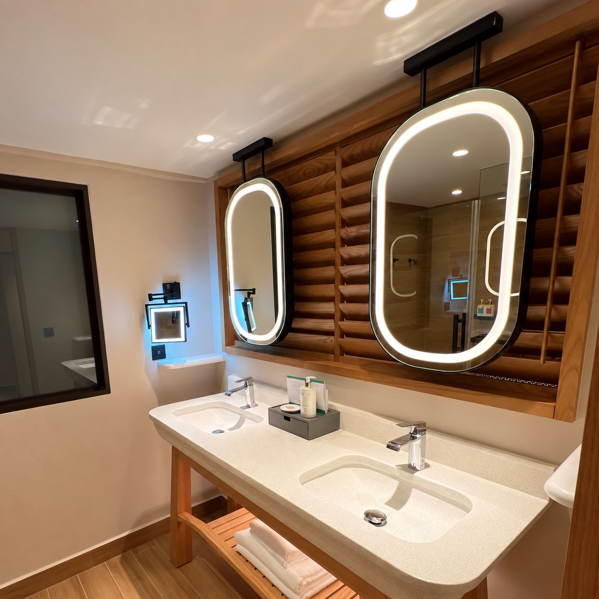 Vanity unit and louvred wall panelling