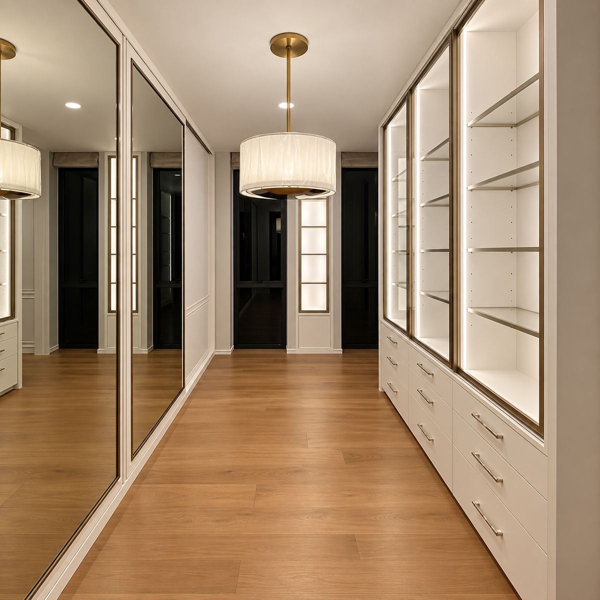 Walk-in wardrobe joinery, flush finish