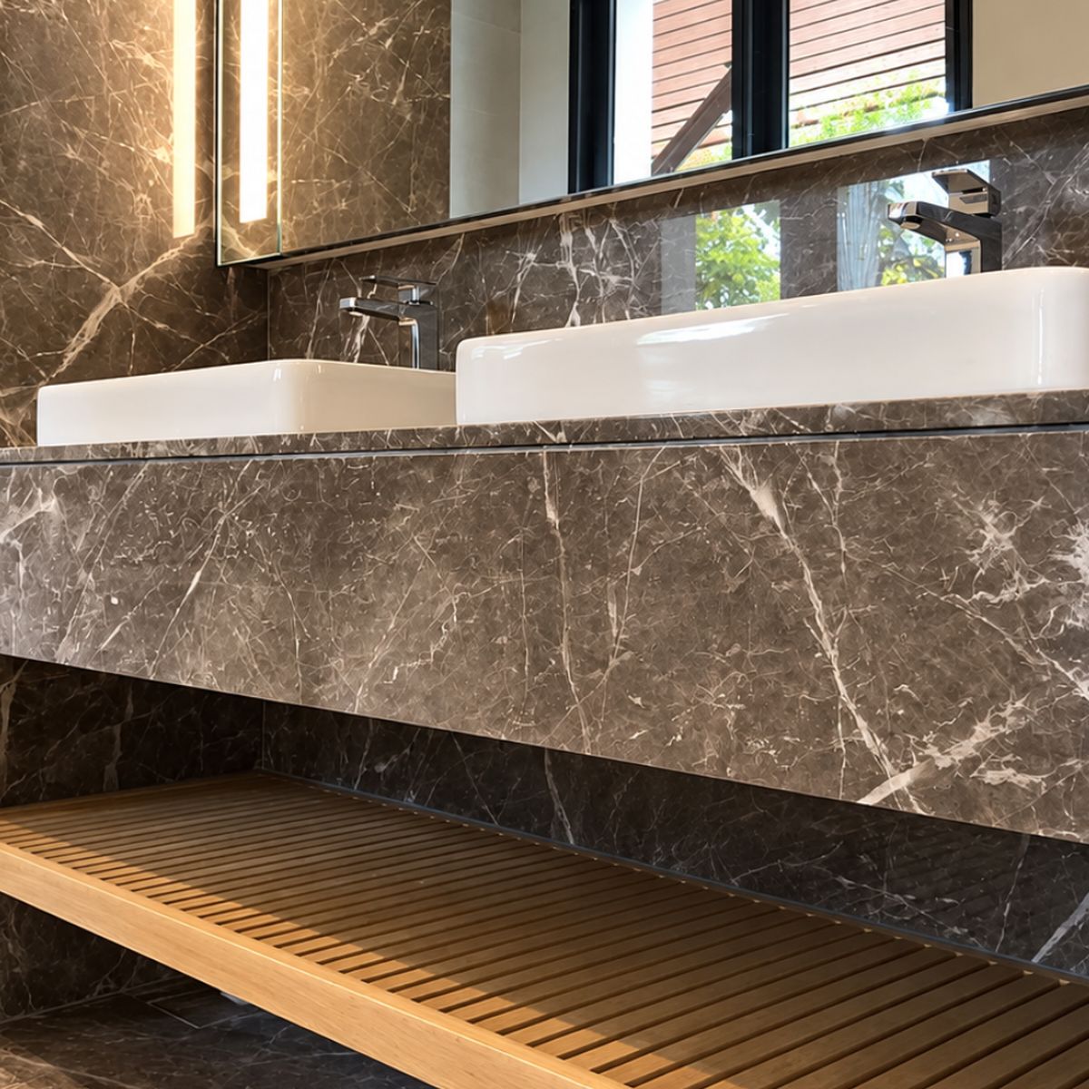 Stone counter meeting timber slats