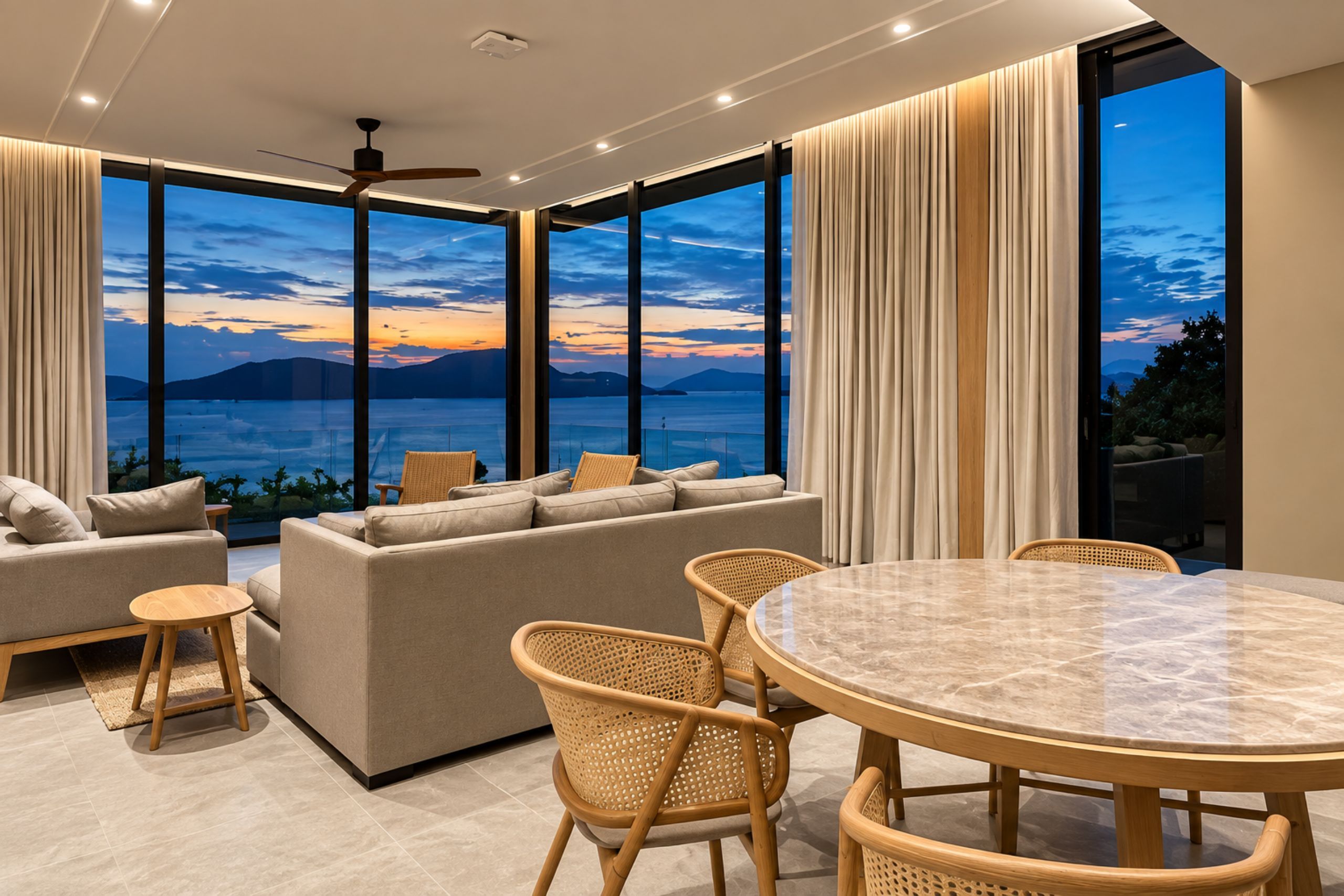 Living room of a private residence in Phuket at dusk, interior fit-out by INTENT