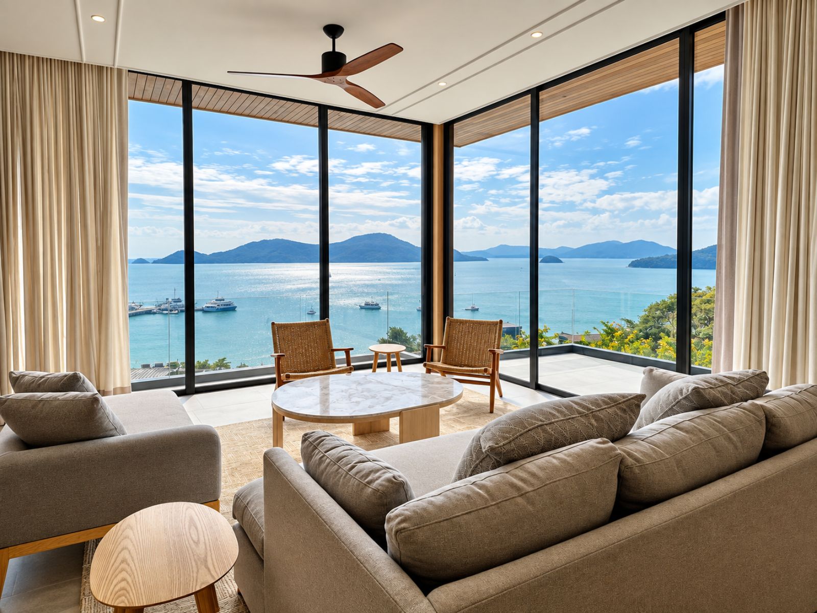 Living room with sea view, private residence in Phuket