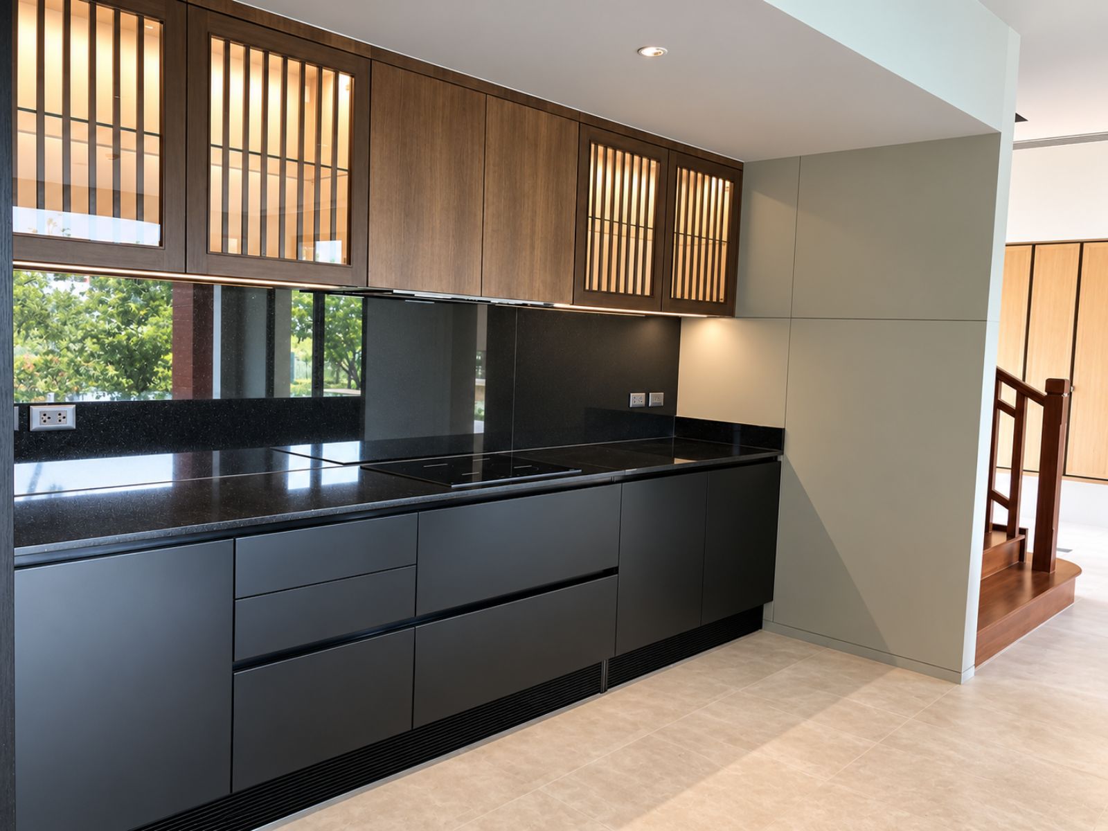 Kitchen in dark tones, private residence in Phuket