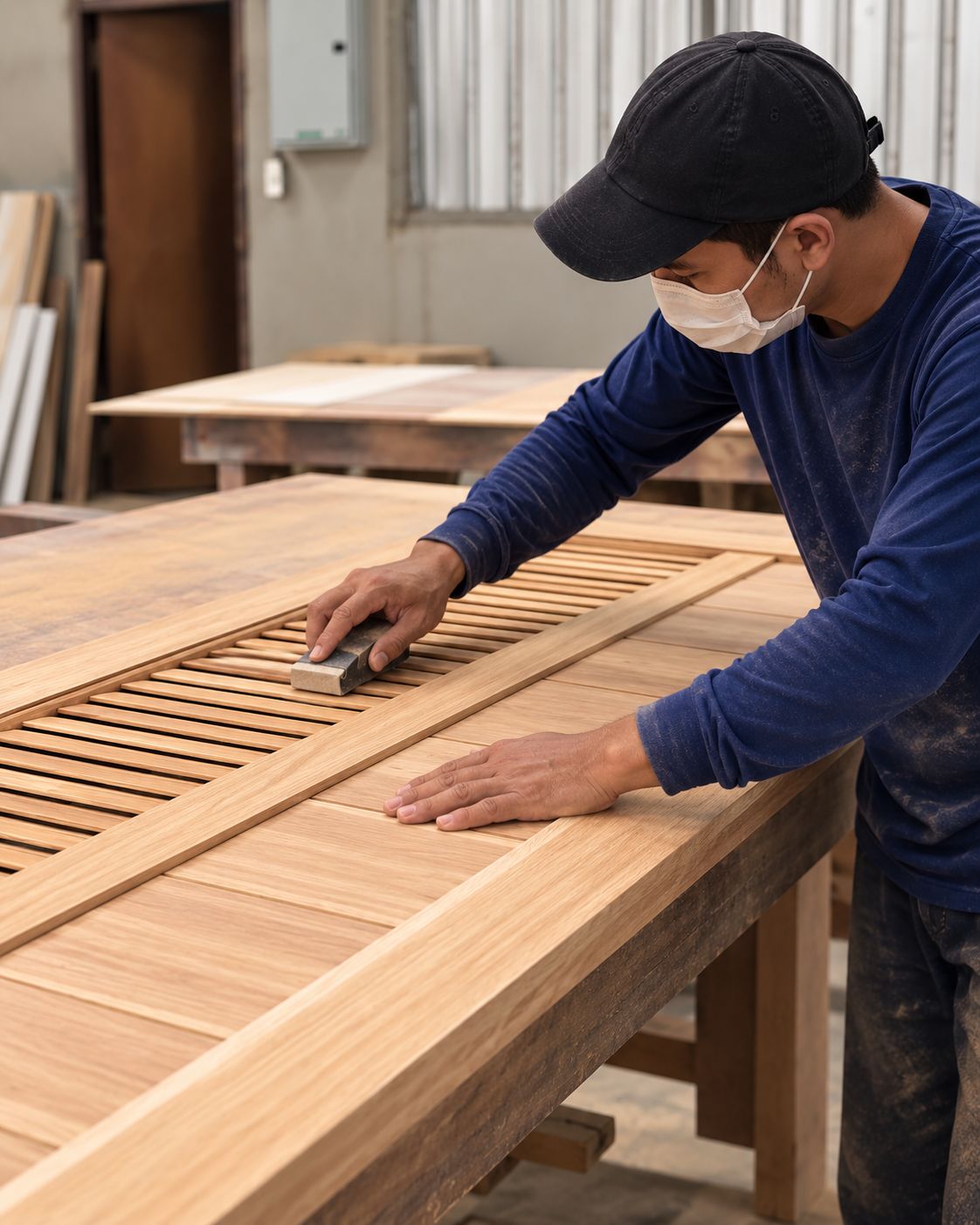 Craftsman sanding a louvre door in the INTENT workshop